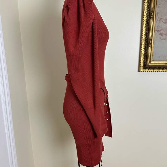 Brown Bodycon Dress with Long Bishop Sleeves and Square Neck for Cocktail - Picture 5 of 11